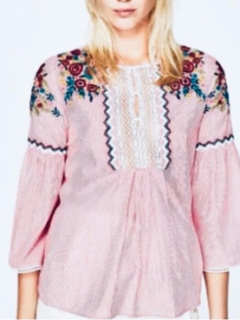 Hayden Pink Embroidered Floral Peasant Blouse, Small